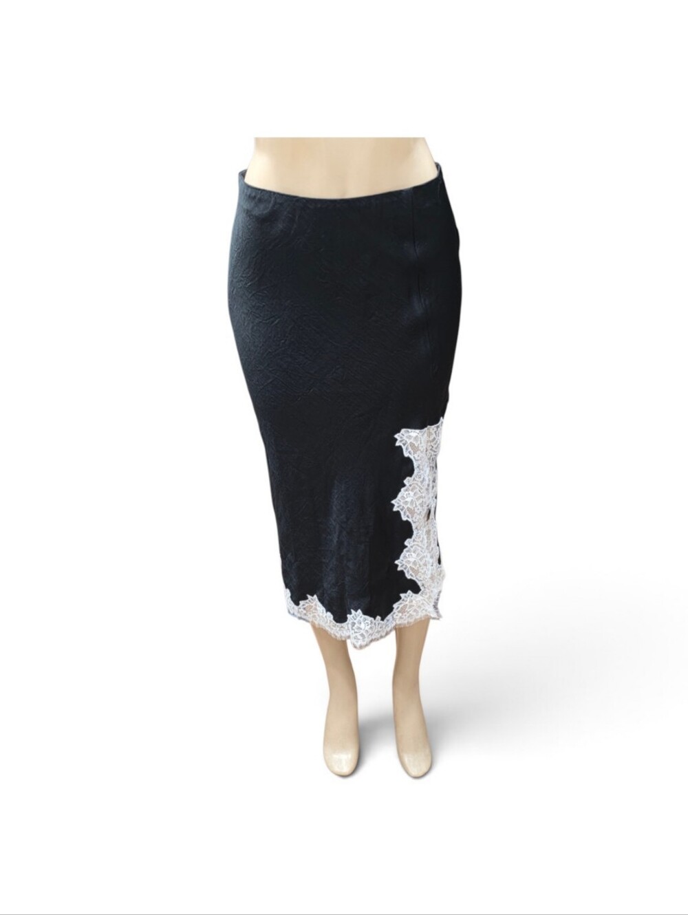 J.CREW Womens XS Black Satin Lace Trim Slit Midi Skirt Slip Style CD354